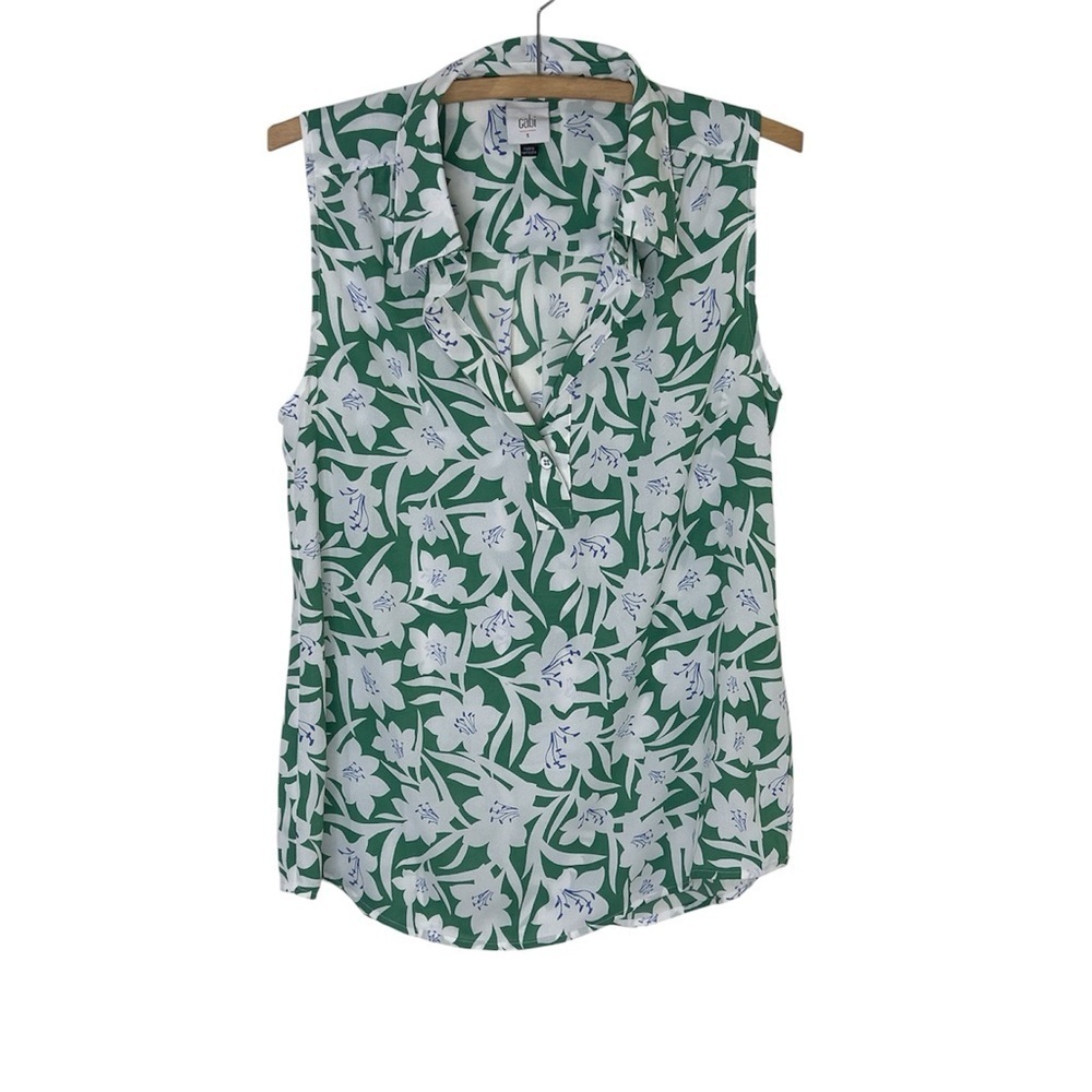 CAbi 6099 Bloom Sleeveless Blouse Green White Floral Size Small